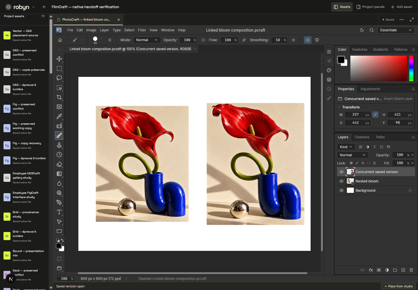 PhotoCraft's real editor: a layered flower composition, drawing tools, colour controls and a visible layer stack.